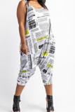 White Fashion Casual Print Basic Spaghetti Strap Regular Jumpsuits