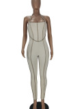 Beige Sexy Solid Patchwork Backless Halter Skinny Jumpsuits