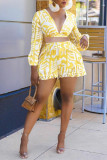 Yellow Sweet Print Patchwork Backless Fold V Neck Long Sleeve Two Pieces