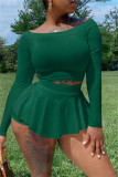 Green Fashion Casual Solid Basic Off the Shoulder Two Pieces
