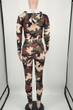 Army Green Casual Camouflage Print Split Joint Hooded Collar Long Sleeve Two Pieces