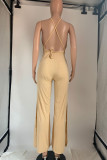 Red Sexy Solid Patchwork Backless Slit V Neck Straight Jumpsuits