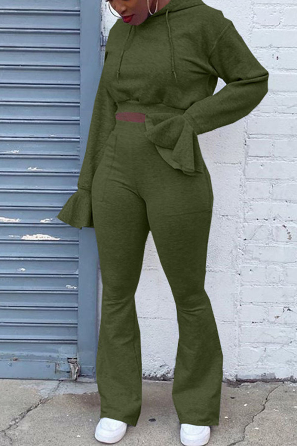 Army Green Casual Solid Patchwork Hooded Collar Long Sleeve Two Pieces