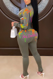 Grey Casual Print Patchwork Zipper Collar Skinny Jumpsuits