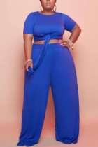 Blue Casual Solid Bandage Split Joint O Neck Plus Size Two Pieces