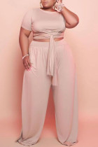 Apricot Casual Solid Bandage Split Joint O Neck Plus Size Two Pieces