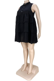 Black Casual Solid Flounce V Neck Cake Skirt Plus Size Dresses