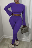 Purple Sexy Solid Split Joint O Neck Long Sleeve Two Pieces