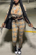 Khaki Sexy Plaid Striped Patchwork Turndown Collar Three Quarter Two Pieces