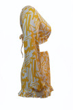 Yellow Sweet Print Patchwork Backless Fold V Neck Long Sleeve Two Pieces