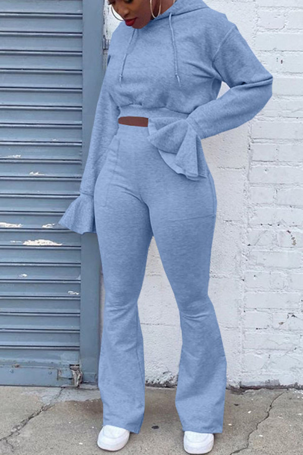 Light Blue Casual Solid Patchwork Hooded Collar Long Sleeve Two Pieces