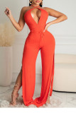 Red Sexy Solid Patchwork Backless Slit V Neck Straight Jumpsuits