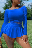 Blue Fashion Casual Solid Basic Off the Shoulder Two Pieces