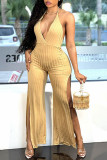 Red Sexy Solid Patchwork Backless Slit V Neck Straight Jumpsuits