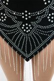 Black Sexy Solid Tassel Patchwork Hot Drill Spaghetti Strap Irregular Dress Dresses