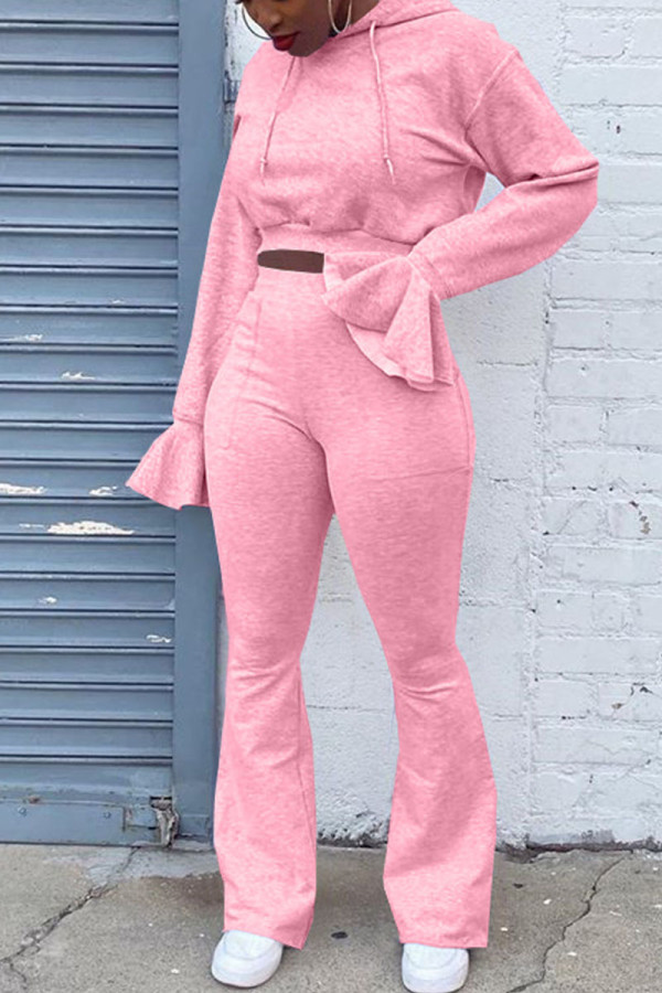 Pink Casual Solid Patchwork Hooded Collar Long Sleeve Two Pieces