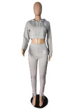 Grey Fashion Casual Print Bandage Hollowed Out Hooded Collar Long Sleeve Two Pieces