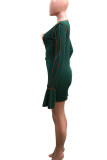 Green Sexy Solid Hollowed Out Split Joint Frenulum O Neck Pencil Skirt Dresses