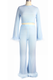 Blue Sexy Solid See-through Half A Turtleneck Long Sleeve Two Pieces