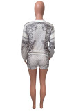 White Fashion Casual Print Basic O Neck Long Sleeve Two Pieces