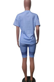 Light Blue Casual Print Split Joint O Neck Short Sleeve Two Pieces