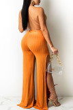 Red Sexy Solid Patchwork Backless Slit V Neck Straight Jumpsuits
