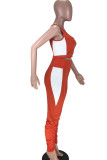 Red Sexy Solid Patchwork Fold Contrast U Neck Two Pieces