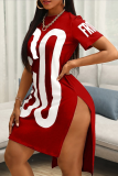 Red Casual Print Slit O Neck Straight Plus Size Dresses