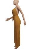 Red Sexy Solid Patchwork Backless Slit V Neck Straight Jumpsuits