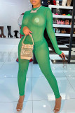 Green Sexy Solid Patchwork See-through O Neck Skinny Jumpsuits