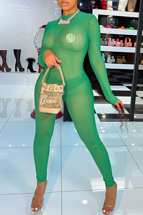 Green Sexy Solid Patchwork See-through O Neck Skinny Jumpsuits