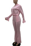 Pink Casual Solid Patchwork Hooded Collar Long Sleeve Two Pieces
