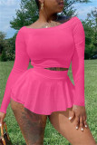 Pink Fashion Casual Solid Basic Off the Shoulder Two Pieces