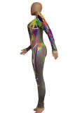 Grey Casual Print Patchwork Zipper Collar Skinny Jumpsuits