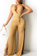 Gold Sexy Solid Patchwork Backless Slit V Neck Straight Jumpsuits