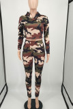 Army Green Casual Camouflage Print Split Joint Hooded Collar Long Sleeve Two Pieces