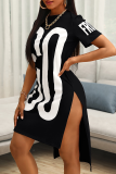 Black Casual Print Slit O Neck Straight Plus Size Dresses