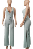 Red Sexy Solid Patchwork Backless Slit V Neck Straight Jumpsuits