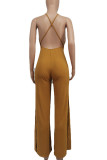 Red Sexy Solid Patchwork Backless Slit V Neck Straight Jumpsuits