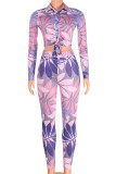 Purple Casual Print Bandage Split Joint Buckle Turndown Collar Long Sleeve Two Pieces