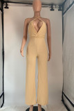 Red Sexy Solid Patchwork Backless Slit V Neck Straight Jumpsuits