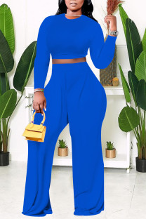 Blue Casual Solid Split Joint O Neck Plus Size Two Pieces