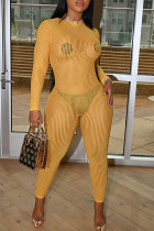 Yellow Sexy Solid Split Joint See-through O Neck Skinny Jumpsuits