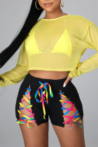 Yellow Sexy Solid Hollowed Out Split Joint Frenulum See-through O Neck Long Sleeve Three Pieces