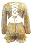 Yellow Sweet Print Patchwork Backless Fold V Neck Long Sleeve Two Pieces