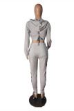 Grey Fashion Casual Print Bandage Hollowed Out Hooded Collar Long Sleeve Two Pieces