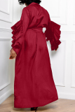 Burgundy Casual Solid Flounce V Neck Straight Dresses