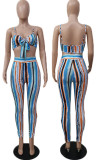 Tangerine Sexy Casual Striped Print Split Joint Backless Knotted Spaghetti Strap Sleeveless Two Pieces