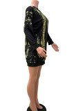 Black Casual Print Patchwork O Neck Tops
