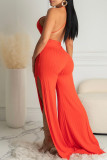 Red Sexy Solid Patchwork Backless Slit V Neck Straight Jumpsuits